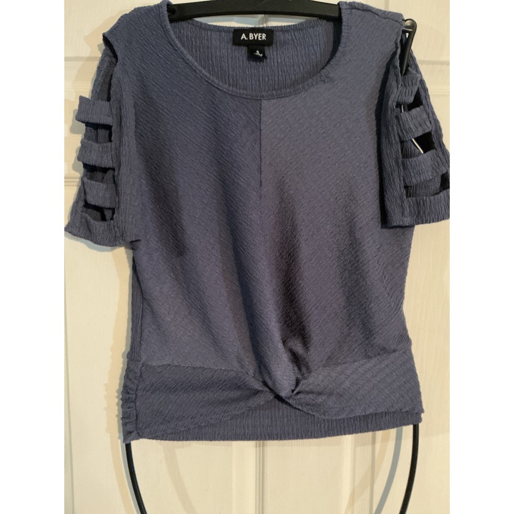A. Byer Womens Small Blue Textured Twist‎ Front Top Ladder Cutout Short Sleeve